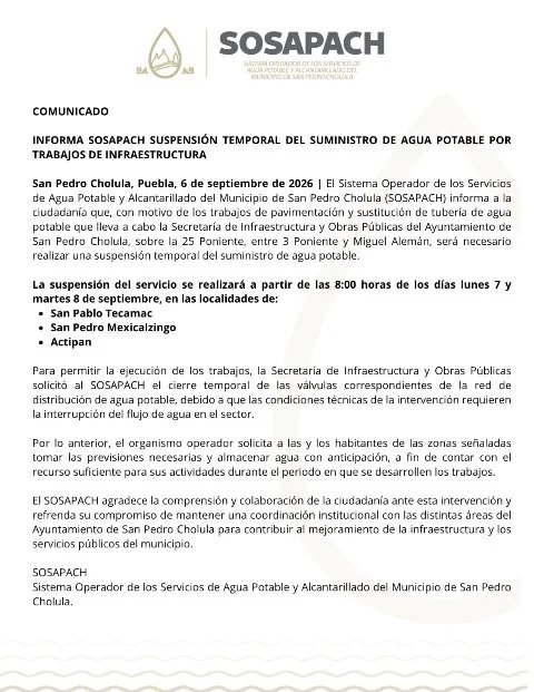 INFORMA SOSAPACH SUSPENSIÓN TEMPORAL DEL SUMINISTRO DE AGUA POTABLE POR TRABAJOS DE INFRAESTRUCTURA – Entérate Puebla